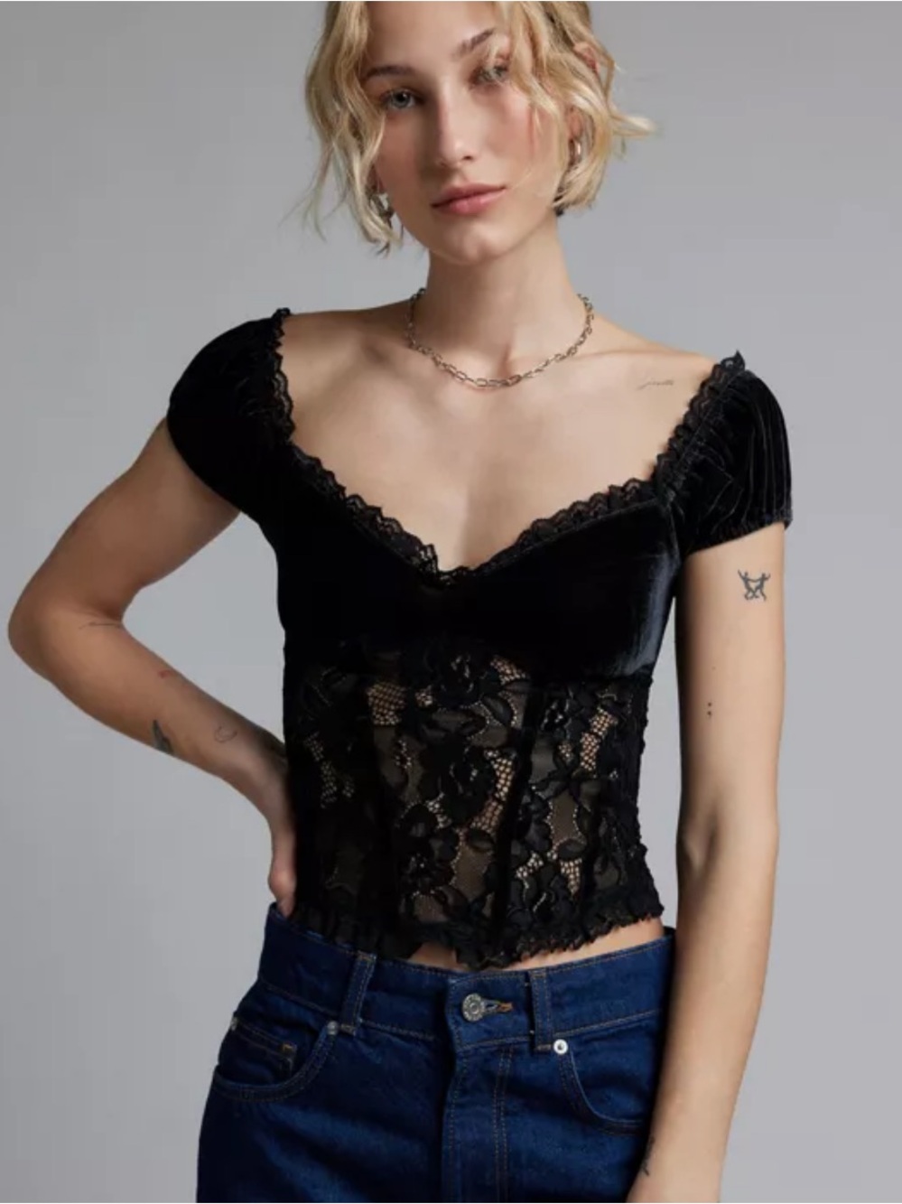 Kimchi Blue Elvira Velvet & Lace Puff Sleeve Blouse Women’s Small